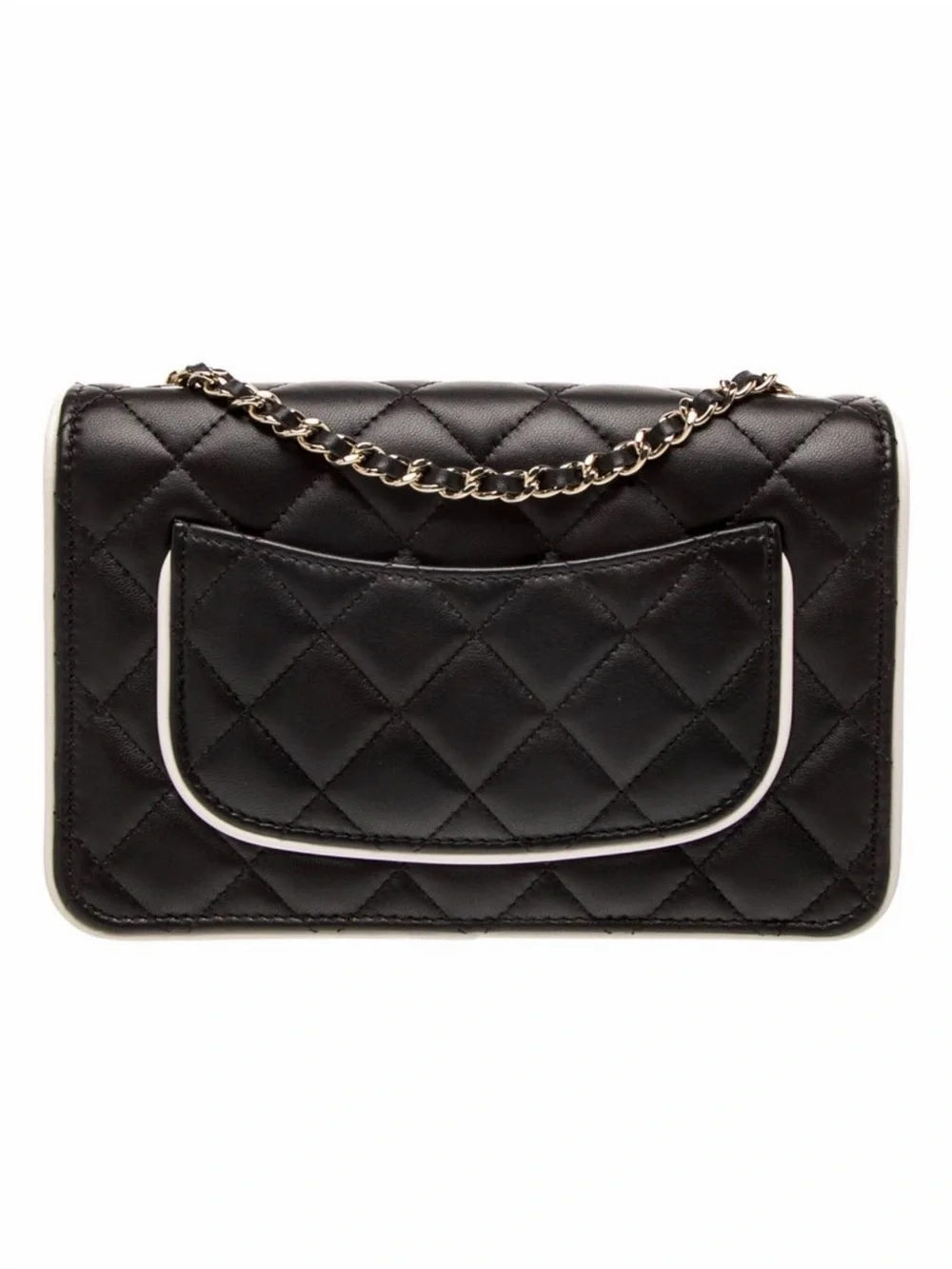 CHANEL Black Quilted Leather Shoulder Bag with White Trim and Gold Chain